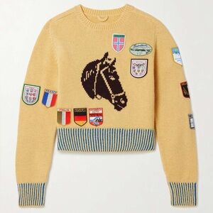 Bode Pony Silhouette Crewneck Alpaca Wool Knit Horse Patch Sweater Top Yellow